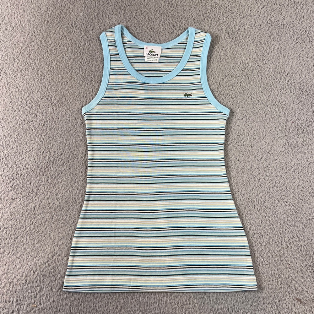 Lacoste Tank Top Women's‎ US Size S (EU/4) Blue Striped Cotton Logo Ribbed Scoop